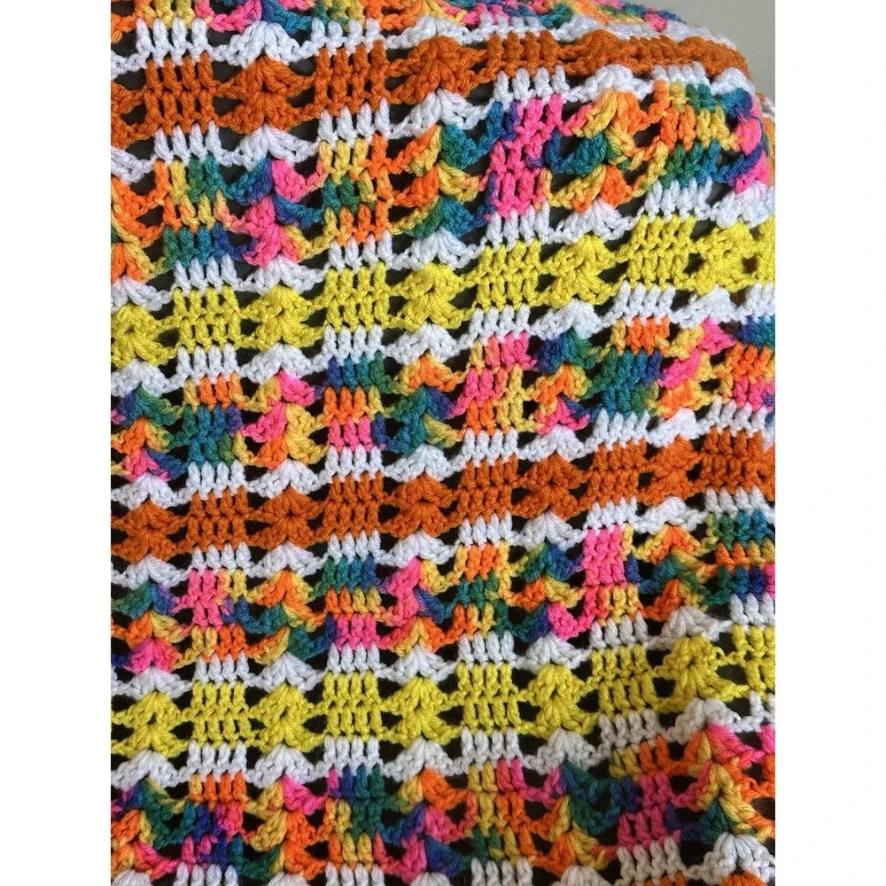 Handmade Crochet‎ Retro Afghan Lap Throw Bright & Colorful Unique Granny Core